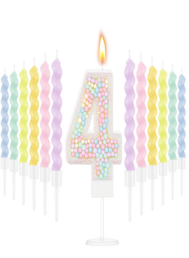 MTLEE Birthday Candle Macaron Glitter 3D Number Candle with 12 Pcs Rainbow Spiral Candles in Holders for Girl Boy Cake Topper Wedding Anniversary Pastel Sweet Theme Party Decoration(Number 4) - Image 1