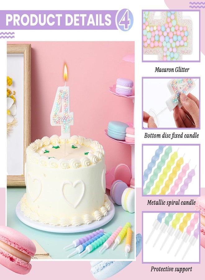 MTLEE Birthday Candle Macaron Glitter 3D Number Candle with 12 Pcs Rainbow Spiral Candles in Holders for Girl Boy Cake Topper Wedding Anniversary Pastel Sweet Theme Party Decoration(Number 4) - Image 3