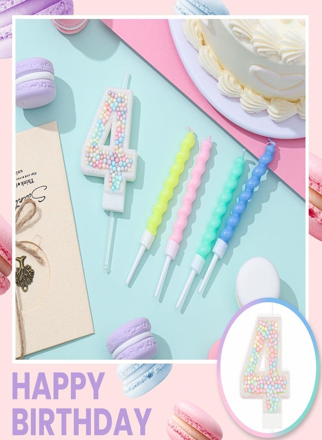 MTLEE Birthday Candle Macaron Glitter 3D Number Candle with 12 Pcs Rainbow Spiral Candles in Holders for Girl Boy Cake Topper Wedding Anniversary Pastel Sweet Theme Party Decoration(Number 4) - Image 4
