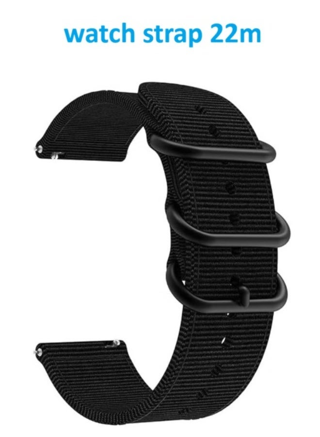 A finely woven nylon watch strap compatible with 22mm watches, featuring a quick-release mechanism -black - Image 1