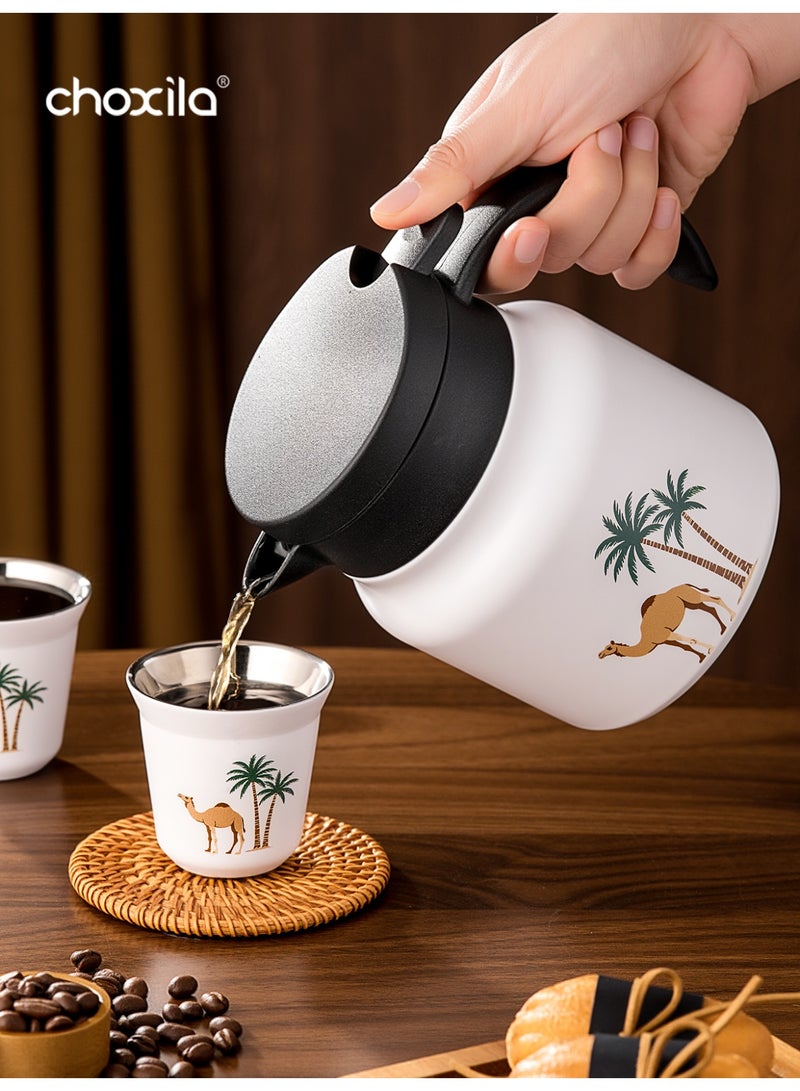 choxila 3pcs/set  Arabic stainless steel thermos flasks (one 800ml coffee thermos + two coffee cups), featuring a camel pattern design, provides both heat and cold retention. Ideal as a gift for Ramadan, Eid al-Adha, or Saudi National Day, it is perfect for loved ones, family, or friends. Suitable for use at home, in the office, for picnics, or in restaurants - Image 2