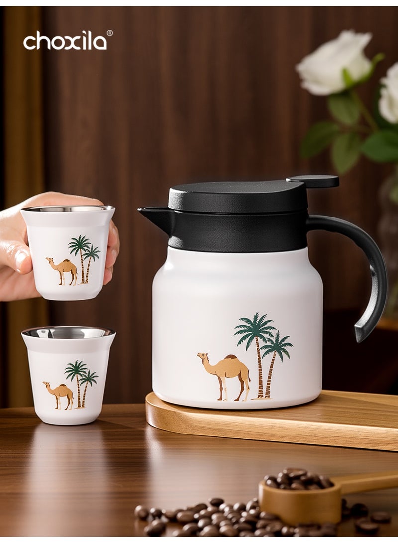 choxila 3pcs/set  Arabic stainless steel thermos flasks (one 800ml coffee thermos + two coffee cups), featuring a camel pattern design, provides both heat and cold retention. Ideal as a gift for Ramadan, Eid al-Adha, or Saudi National Day, it is perfect for loved ones, family, or friends. Suitable for use at home, in the office, for picnics, or in restaurants - Image 1