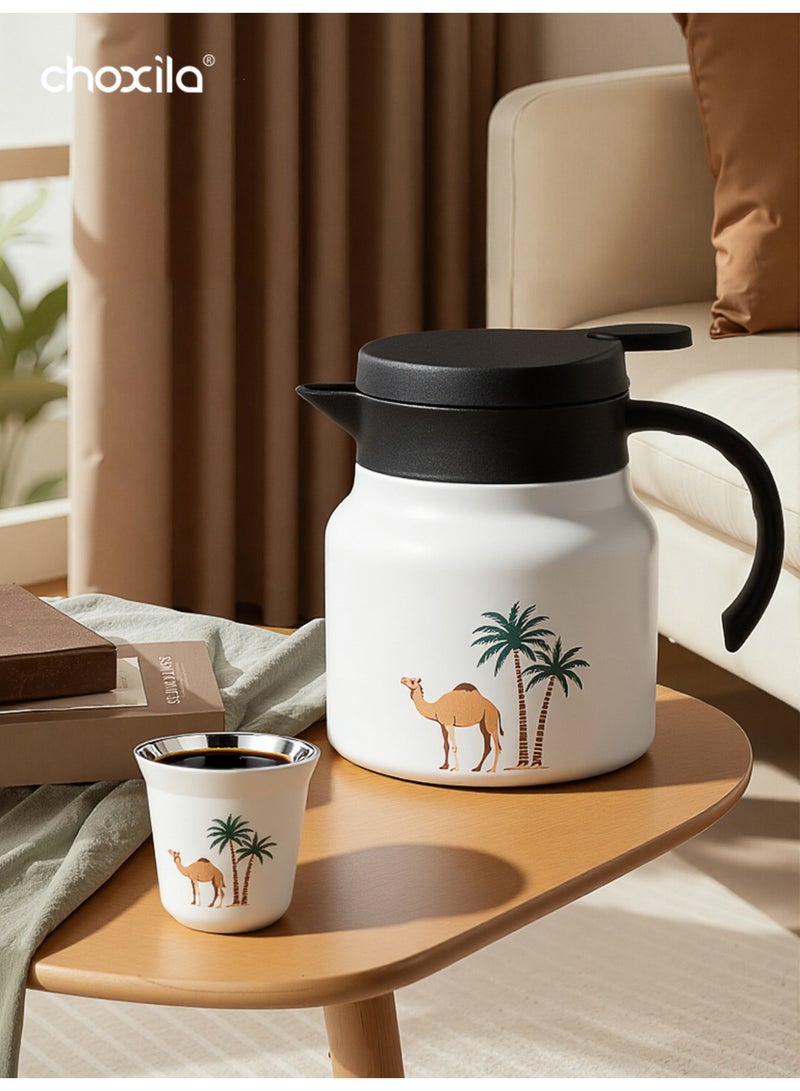 choxila 3pcs/set  Arabic stainless steel thermos flasks (one 800ml coffee thermos + two coffee cups), featuring a camel pattern design, provides both heat and cold retention. Ideal as a gift for Ramadan, Eid al-Adha, or Saudi National Day, it is perfect for loved ones, family, or friends. Suitable for use at home, in the office, for picnics, or in restaurants - Image 5