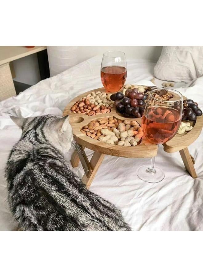 Eoptify Portable Wooden Foldable Picnic Table with Divider and Wine Glass Holder, Bamboo Snack Tray for Outdoor Camping, Beach, Hiking, and Decor - Image 2