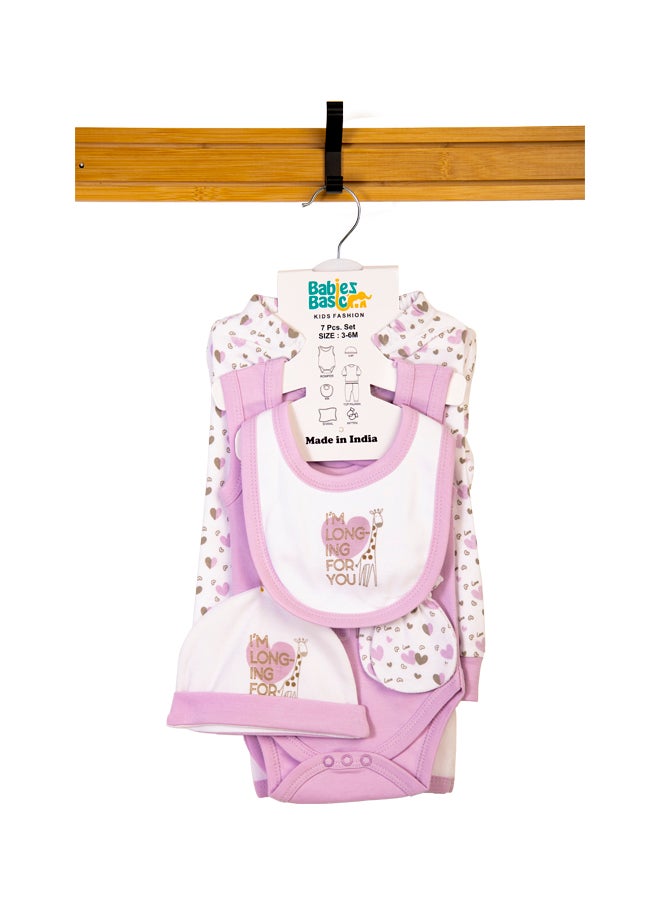 Babies Basic 7 Piece Unisex 100% Cotton Gift Set Include Bib, Blanket, Mitten, Cap, Romper, Top And Bottom Set, Purple  - Image 1