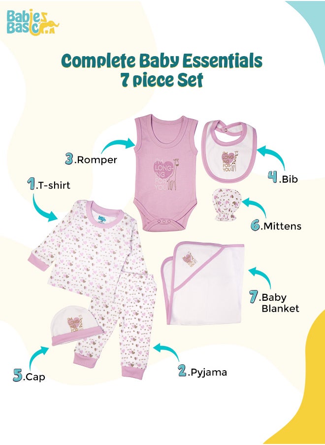 Babies Basic 7 Piece Unisex 100% Cotton Gift Set Include Bib, Blanket, Mitten, Cap, Romper, Top And Bottom Set, Purple  - Image 3