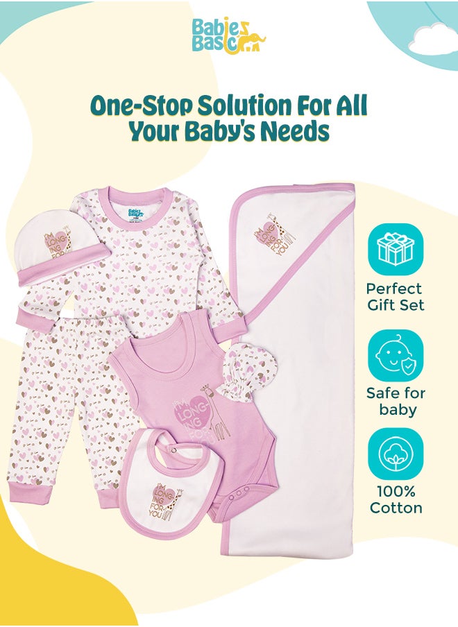 Babies Basic 7 Piece Unisex 100% Cotton Gift Set Include Bib, Blanket, Mitten, Cap, Romper, Top And Bottom Set, Purple  - Image 2