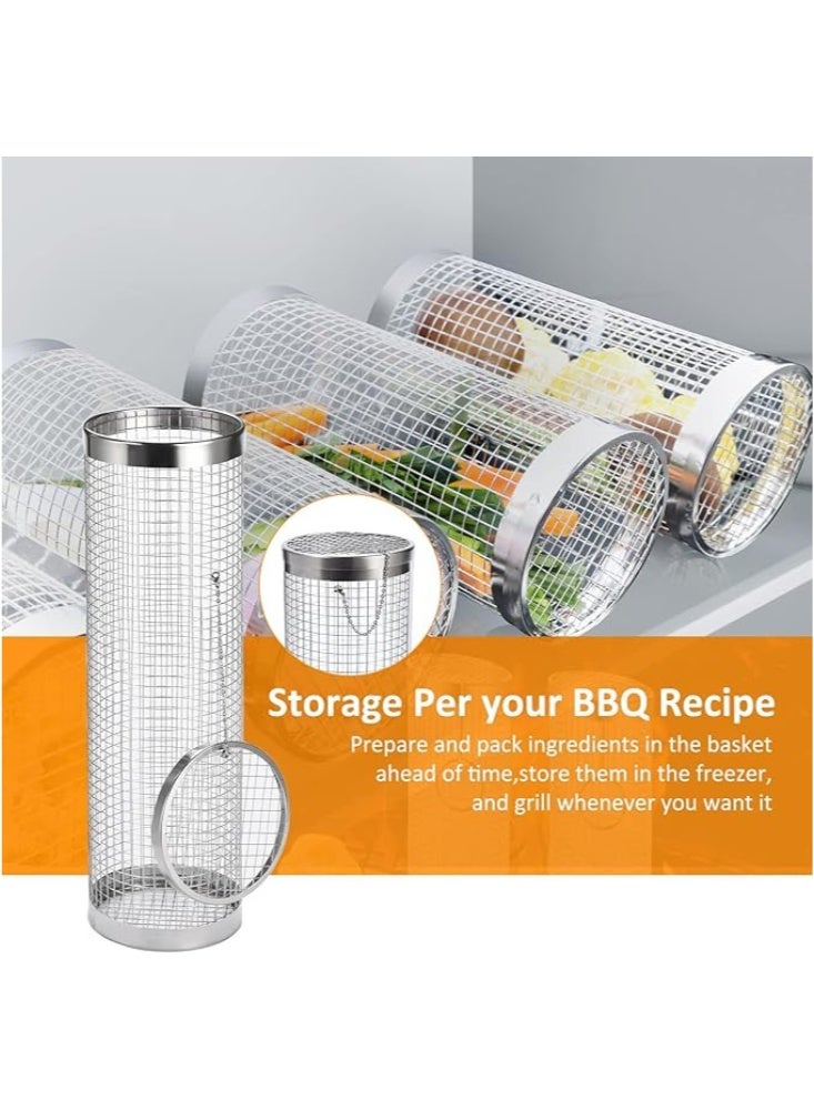 يلا جوي سلال شواء دوارة من الفولاذ المقاوم للصدأ، مناسبة لشواء اللحوم، سلتان أسطوانيتان شبكيتان، مع خطافات وشوك، للأسماك والخضراوات والروبيان واللحوم، سهلة الفتح، غير لاصقة، ومقاومة للصدأ. - Image 3