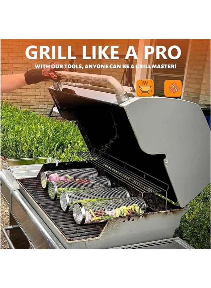 يلا جوي سلال شواء دوارة من الفولاذ المقاوم للصدأ، مناسبة لشواء اللحوم، سلتان أسطوانيتان شبكيتان، مع خطافات وشوك، للأسماك والخضراوات والروبيان واللحوم، سهلة الفتح، غير لاصقة، ومقاومة للصدأ. - Image 2