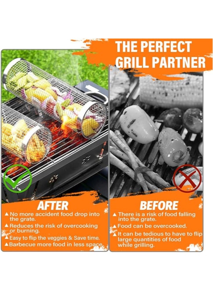 يلا جوي سلال شواء دوارة من الفولاذ المقاوم للصدأ، مناسبة لشواء اللحوم، سلتان أسطوانيتان شبكيتان، مع خطافات وشوك، للأسماك والخضراوات والروبيان واللحوم، سهلة الفتح، غير لاصقة، ومقاومة للصدأ. - Image 5