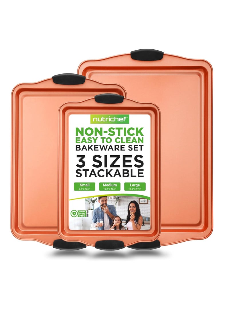 NutriChef - NutriChef 3 Piece Baking Pan Set - PFOA, PFOS, PTFE Free Flexible Nonstick Carbon Steel Bakeware Set - Home Kitchen Bake Pan Cookie Sheet Stackable Baking Tray Set w/Black Silicone Handles NCSBS3S45 - Image 1