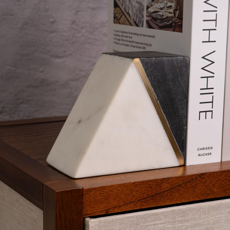 Cork & Mill Marble Book Ends For Shelves  Decorative Bookends For Heavy Books  Unique Mid Century Modern Gray And White Bookends With Brass Inlay  Heavy Duty Bookshelf Stopper  Set Of 2 - Image 5