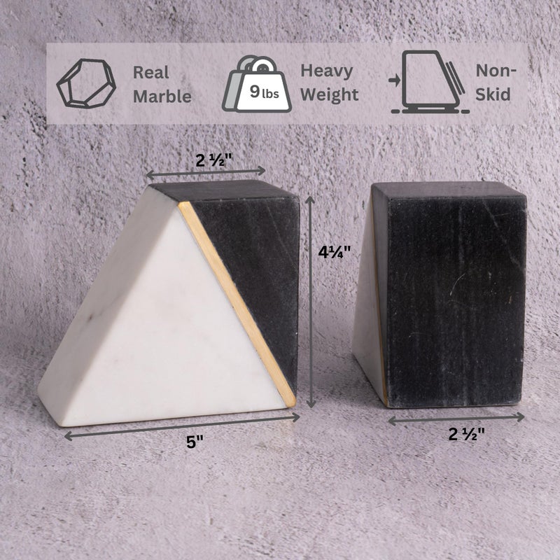 Cork & Mill Marble Book Ends For Shelves  Decorative Bookends For Heavy Books  Unique Mid Century Modern Gray And White Bookends With Brass Inlay  Heavy Duty Bookshelf Stopper  Set Of 2 - Image 3