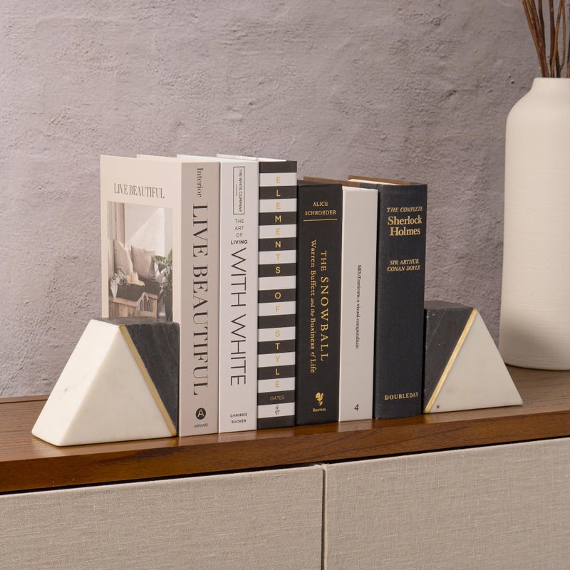 Cork & Mill Marble Book Ends For Shelves  Decorative Bookends For Heavy Books  Unique Mid Century Modern Gray And White Bookends With Brass Inlay  Heavy Duty Bookshelf Stopper  Set Of 2 - Image 2