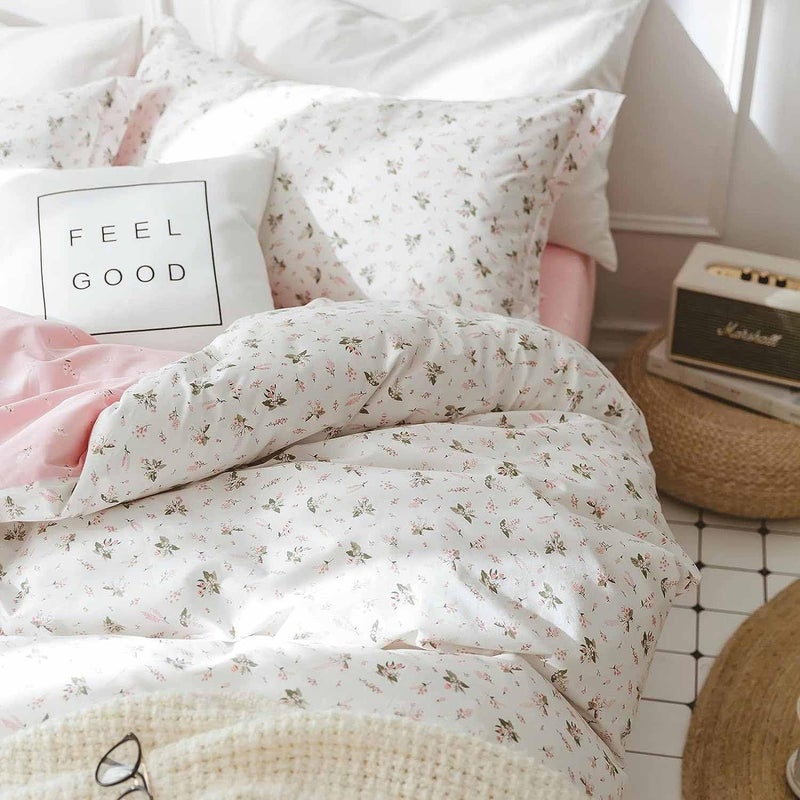 Pink and White Duvet Cover Twin Size 2 Pcs Floral Flower Leaf Pattern Printed Reversible Microfiber Comforter Cover Bedding Set 68X90 Soft Aesthetic Cottage Preppy Bedroom Decor for Women Men