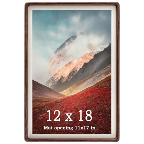 Zibrelte 12x18 Frame Natural, Solid Walnut Wood 12 x 18 Poster Frame with Mat for 11 x 17 Image, Wall Gallery Mounting 18 x 12 Inch Large Picture Photo Frame - Image 1