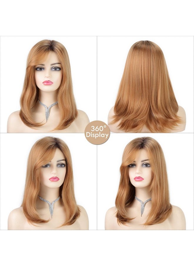 SEVENCOLORS - Medium Length Strawberry Blonde Wigs For Women Layered Straight Blond Wigs With Dark Roots Synthetic Hair Wig For Daily Party Halloween - Image 1