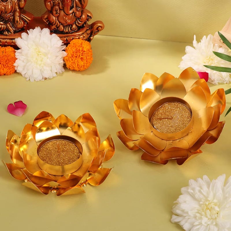 Floweraura FlowerAura Designer Diwali Special Set of 2 Golden Lotus Petals Metal Tea Light Candle Diya Decorations Items for Home Decor Diwali Decor Temple Decor Office Decor  - Image 1