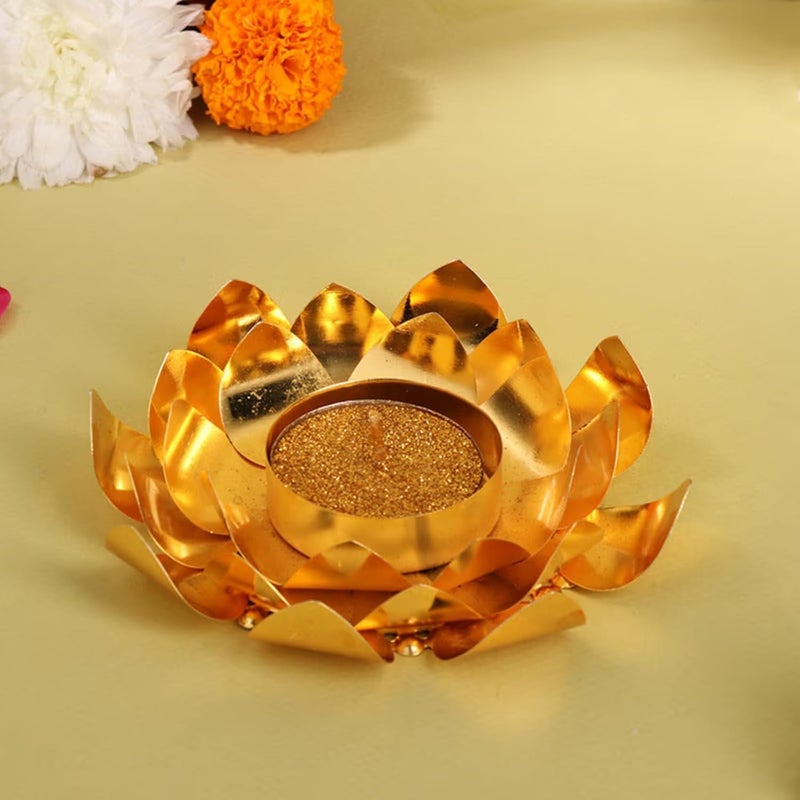 Floweraura FlowerAura Designer Diwali Special Set of 2 Golden Lotus Petals Metal Tea Light Candle Diya Decorations Items for Home Decor Diwali Decor Temple Decor Office Decor  - Image 2