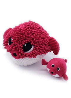 Les Deglingos Gobetou Mom & Baby Blowfish Plush Toy - Beetroot Color, Soft Corduroy & Terry Cloth, 31 cm - Perfect for Newborns & Up  - Image 1