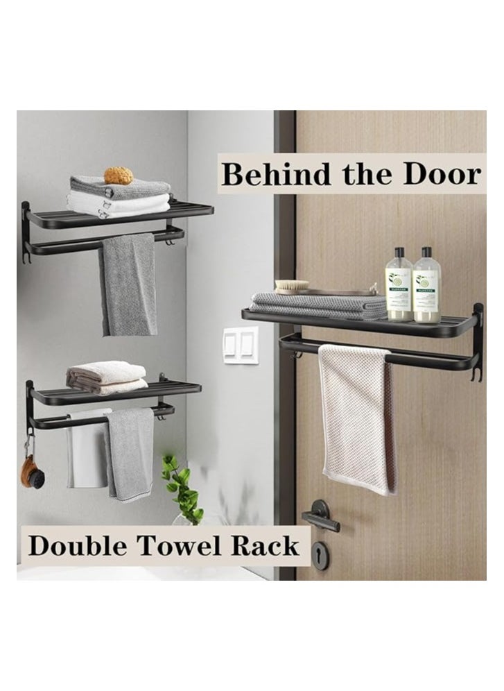 Towel Rack for Bathroom, Bath Towel Holder with Double Towel Bar and Foldable Towel Shelf, Rustproof Towel Organizer Wall Mounted Towel Storage Hanger