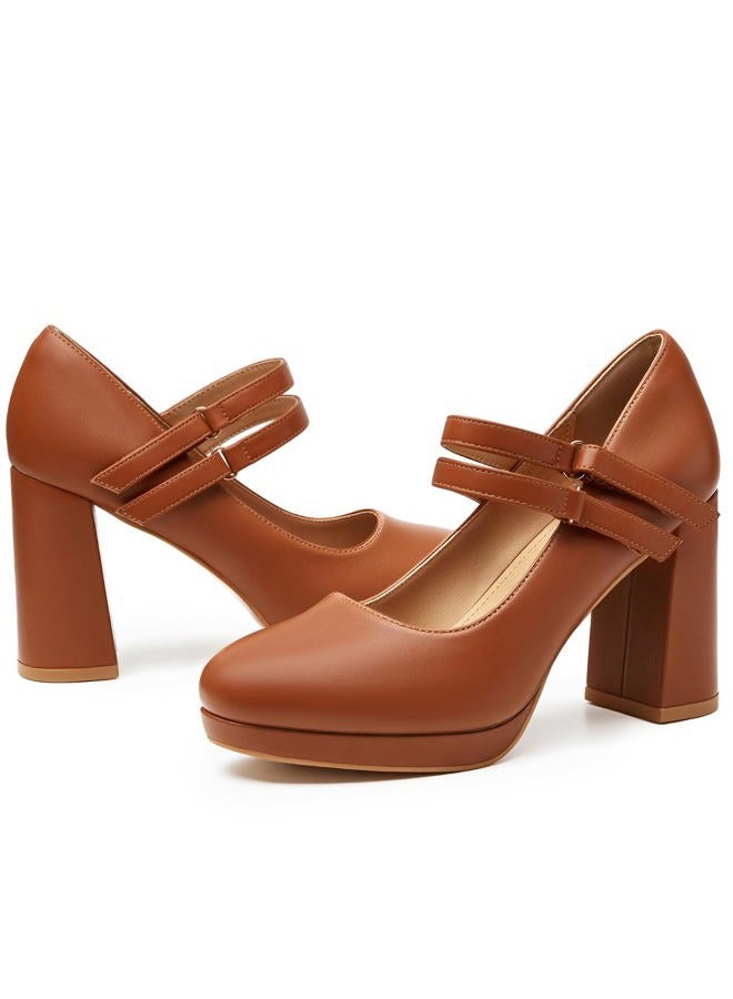 Trary Mary Jane Shoes Women Heels Platform Chunky Block High Heels with Double Strap Women's Pumps Comfortable Dress Pumps for Party Wedding Office Round Toe Heel Shoes, Brown Pu, 8 - Image 1