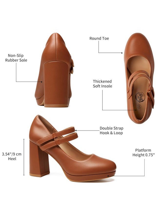 Trary Mary Jane Shoes Women Heels Platform Chunky Block High Heels with Double Strap Women's Pumps Comfortable Dress Pumps for Party Wedding Office Round Toe Heel Shoes, Brown Pu, 8 - Image 4