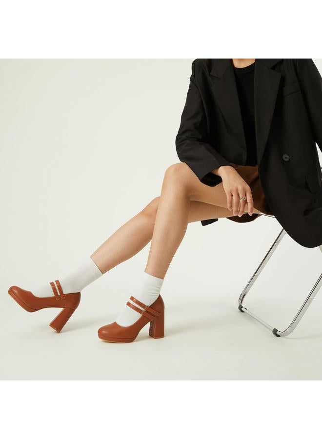 Trary Mary Jane Shoes Women Heels Platform Chunky Block High Heels with Double Strap Women's Pumps Comfortable Dress Pumps for Party Wedding Office Round Toe Heel Shoes, Brown Pu, 8 - Image 2