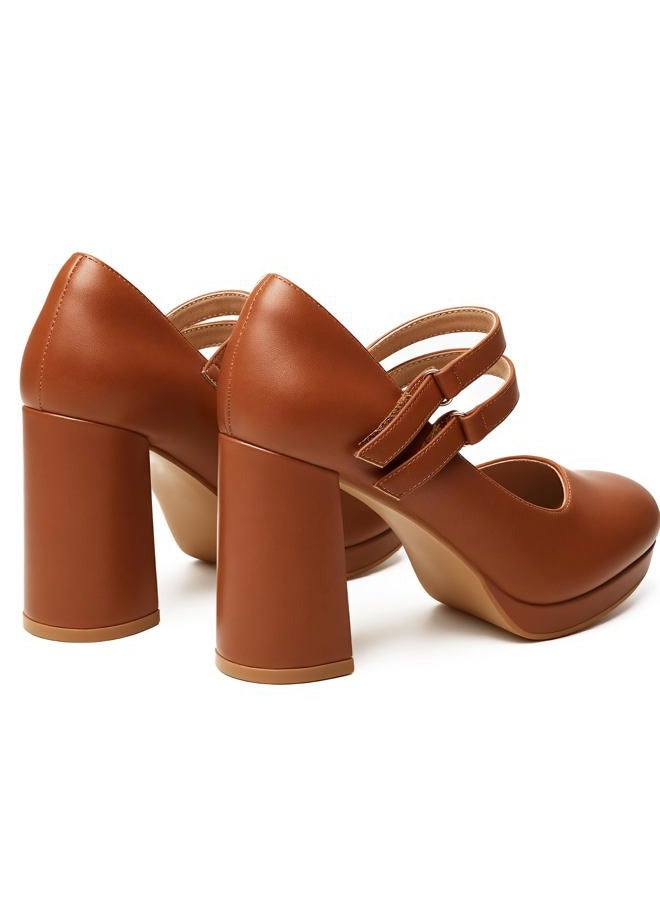 Trary Mary Jane Shoes Women Heels Platform Chunky Block High Heels with Double Strap Women's Pumps Comfortable Dress Pumps for Party Wedding Office Round Toe Heel Shoes, Brown Pu, 8 - Image 3