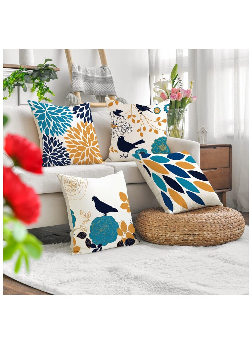 Excefore Flower Throw Pillow Covers, Set of 4 18x18 Inch  Leaf Bird Floral Outdoor Decorative Pillow Cover Linen Square Cushion Cover Pillowcases for Sofa Bed Farmhouse Home Decor - Image 2