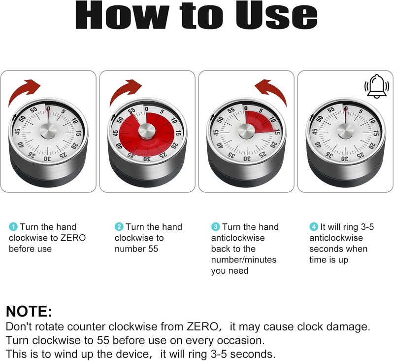 GALV timer mechanical kitchentimers magnetic visual timer for kids360 degree rotary cooking timers for kitchen with alarmstainless steel countdown studying fitness baking teaching59x37cmblack - Image 3