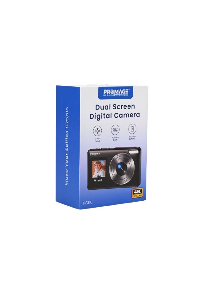 PROMAGE PC110 4K Dual Screen Digital Camera Black - 48MP UHD Vlogging Camcorder with Front & Rear LCDs, 18X Zoom, F/1.8 Lens & Riva Case 7022 | Auto-Focus Point & Shoot for Travel & YouTube