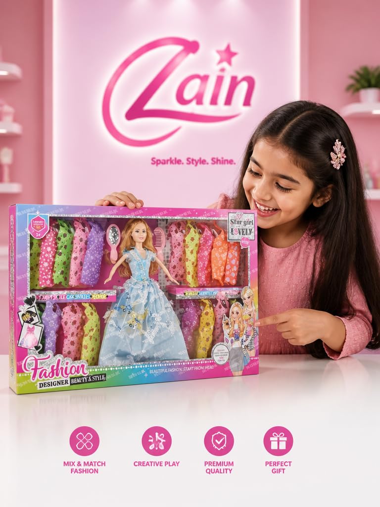 Zain Star Girl Lovely Fashion Designer Beauty Style Doll Playset Blonde Doll 18 Assorted Dresses Hair Brush Mirror - Image 5