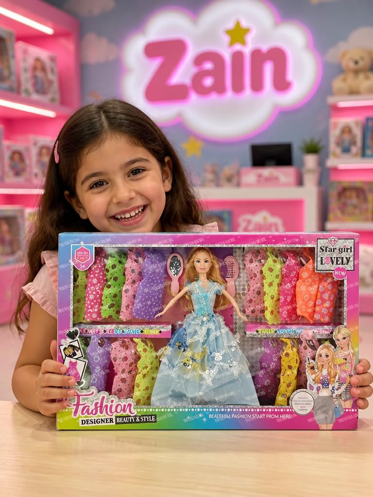 Zain Star Girl Lovely Fashion Designer Beauty Style Doll Playset Blonde Doll 18 Assorted Dresses Hair Brush Mirror - Image 1