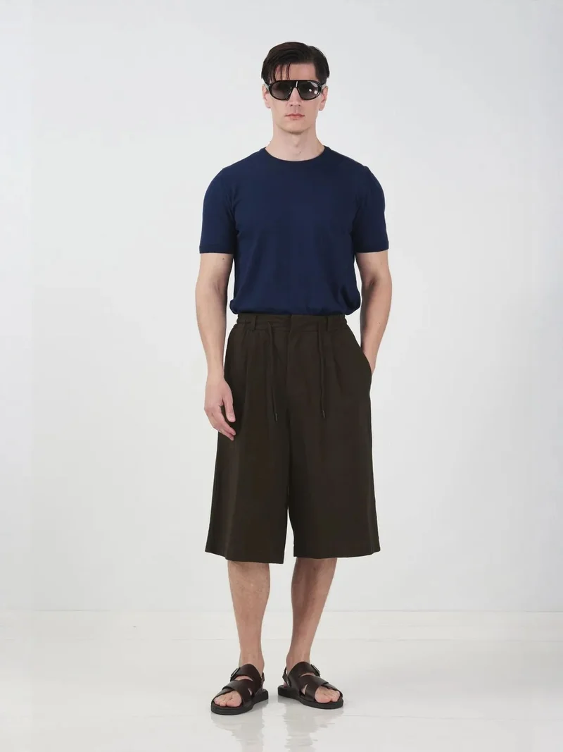 جيستو GIESTO Mid Waist Wide Leg Capri Shorts with Drawstring Waist