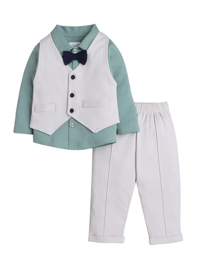 BUMZEE Boys Cotton Full Sleeves Formal Set Beige & Green - 6-12 Months (Peb10799C-bge) - Image 1