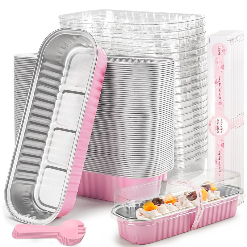 LOKQING 50 Pack Mini Loaf Pans with Lids Rectangle Individual Cake Pans Aluminum Foil Pans for Large Gatherings Picnics Vacations Parties Pink 68 OZ