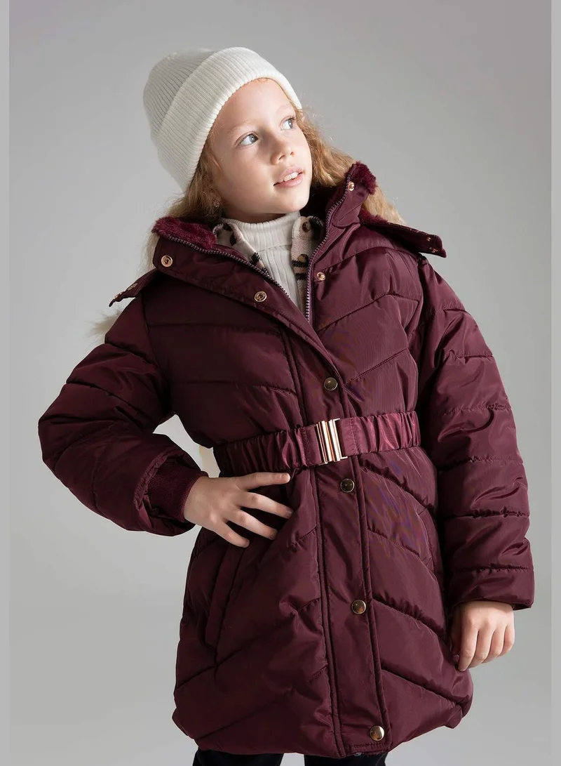 DeFacto Hooded Long Sleeve Coat With Belt Detailed