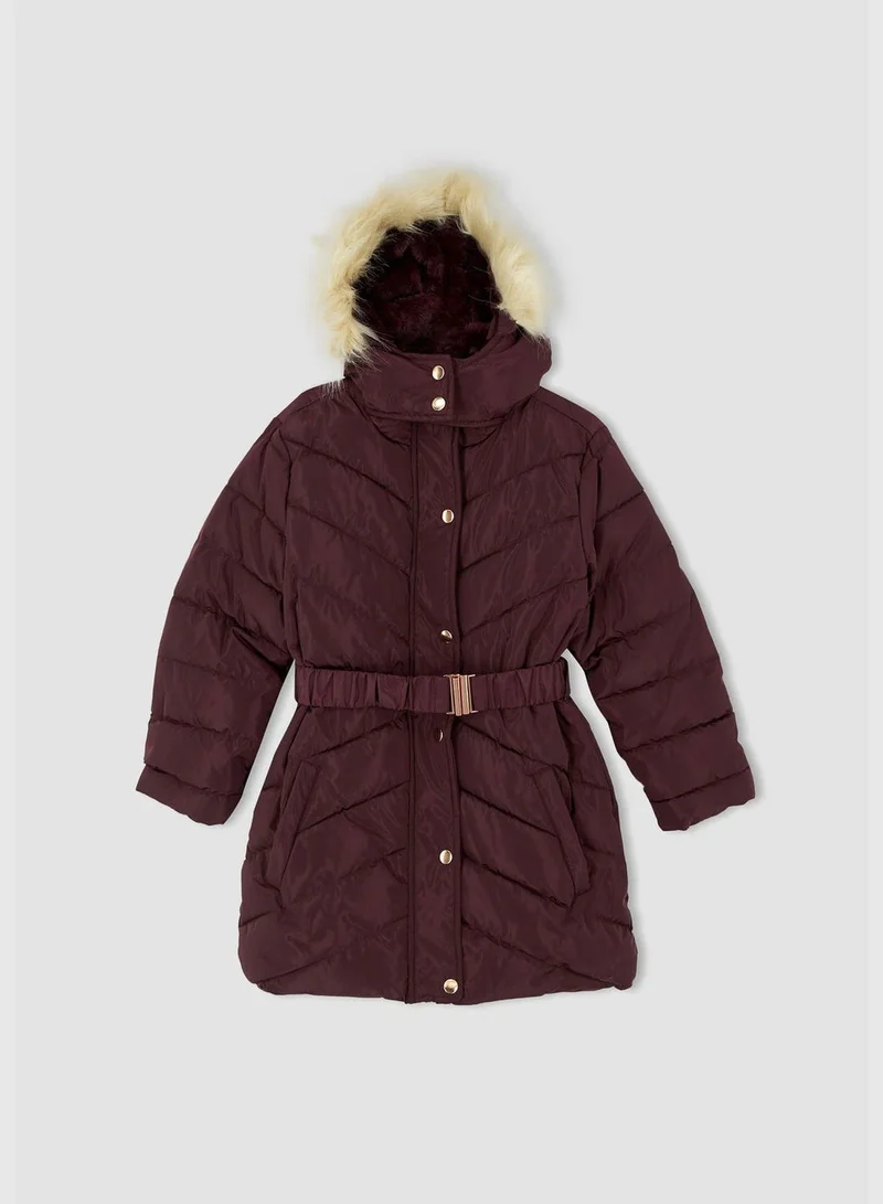 DeFacto Hooded Long Sleeve Coat With Belt Detailed