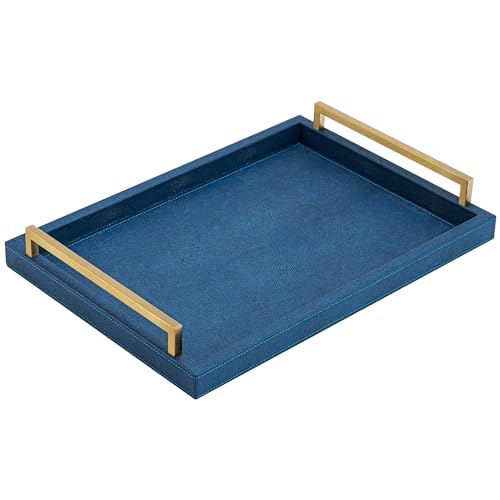 XIGEXIGE Navy Blue Decorative Serving Tray, Shagreen Leather Coffee Table Tray, Rectangle for Home Decor - Image 2