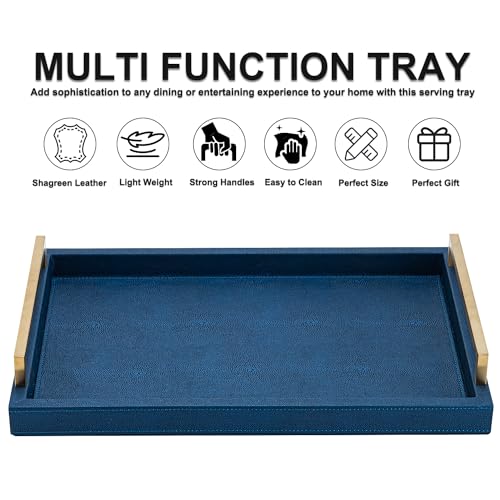 XIGEXIGE Navy Blue Decorative Serving Tray, Shagreen Leather Coffee Table Tray, Rectangle for Home Decor - Image 3