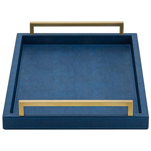 XIGEXIGE Navy Blue Decorative Serving Tray, Shagreen Leather Coffee Table Tray, Rectangle for Home Decor - Image 1