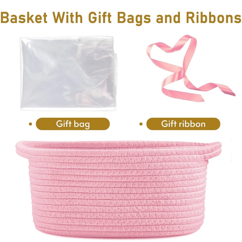 Poschnor Baby Gift Basket With Gift Bags And Ribbons  12X 8X 5 Inch Basket For Baby And Pet Toys  Small Cotton Rope Basket - Pink - Image 2