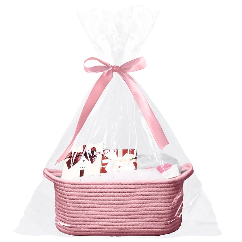 Poschnor Baby Gift Basket With Gift Bags And Ribbons  12X 8X 5 Inch Basket For Baby And Pet Toys  Small Cotton Rope Basket - Pink - Image 1