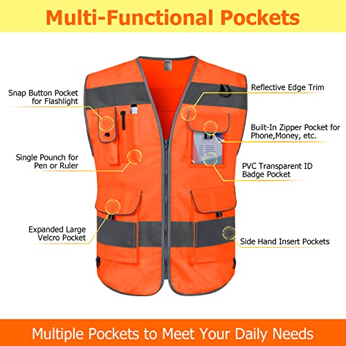 TCCFCCT High Visibility Vest 9 Pockets Hi Vis Reflective Safety Vest for Men Women, Construction Vest with Reflective Strips, Meets ANSI/ISEA Standards, (Orange, Small) - Image 3