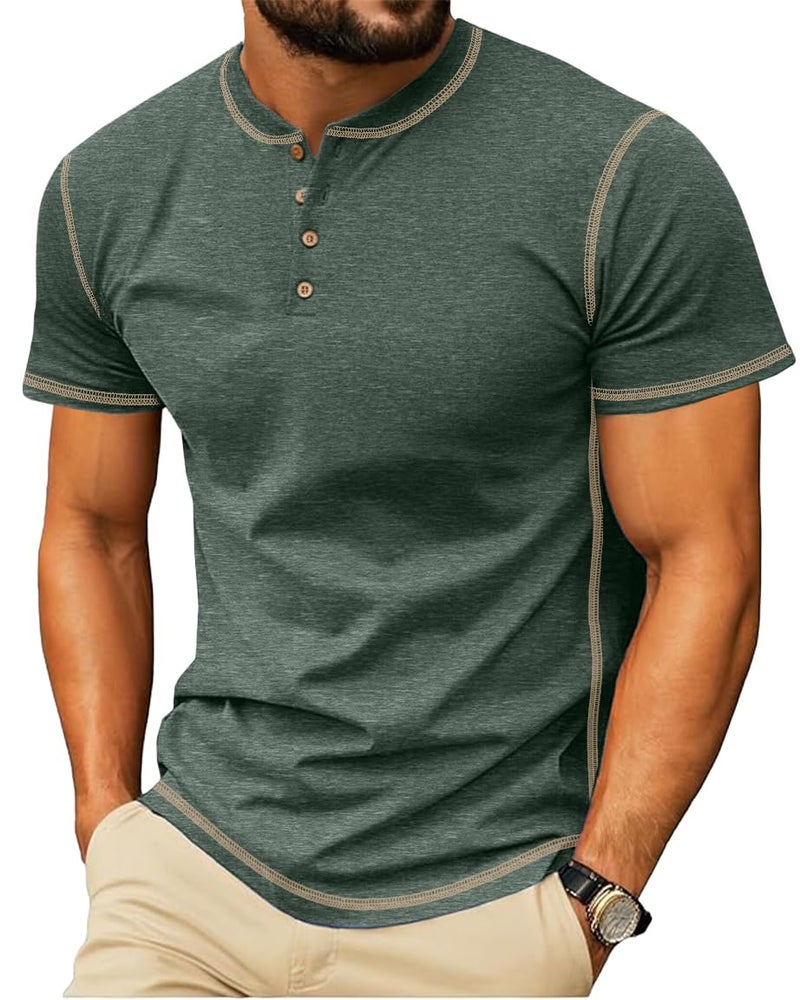 Sailwind Mens Henley Shirts Casual Lightweight Summer T-Shirt Cotton Maverick Short Sleeve Green - Image 2