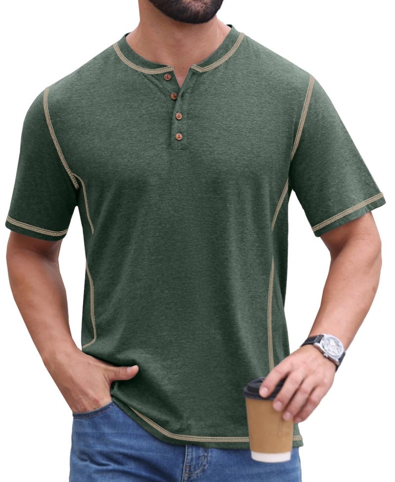 Sailwind Mens Henley Shirts Casual Lightweight Summer T-Shirt Cotton Maverick Short Sleeve Green - Image 3