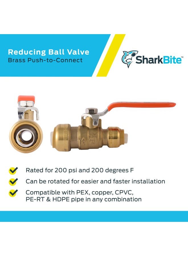 SharkBite 3/4 Inch x 1/2 Inch Ball Valve, Push to Connect Brass Fitting, Water Shut Off, PEX Pipe, Copper, CPVC, PE-RT, HDPE, 22973LF - Image 4