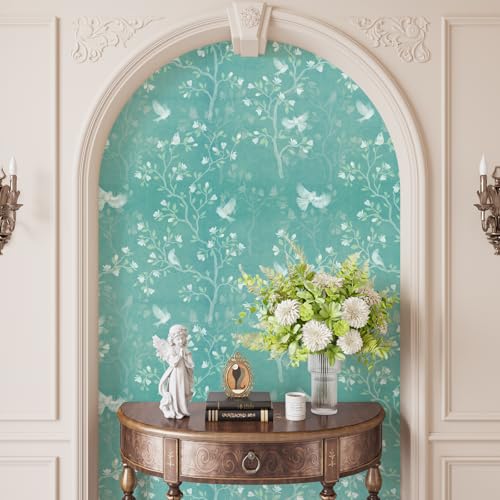 VaryStyle 177x118 Teal Green Floral Wallpaper Turquoise Magnolia Tree Bird Floral Peel and Stick Wallpaper Green Forest Contact Paper for Cabinets Self Adhesive Removable Vinyl for Bathroom Bedroom - Image 3