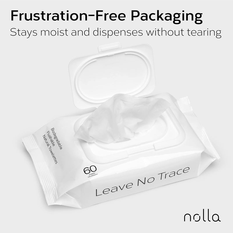 Nolla Flushable Wipes, 100% Plant-Based, Plastic-Free and Biodegradable - For Adults and Kids - Unscented + Soothing Aloe and Vitamin E 360 Count (6 Packs of 60) - Image 5